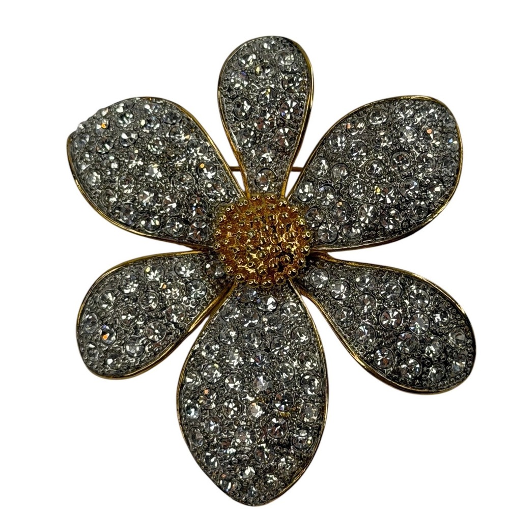 Gold Tone Clear Rhinestone Flower Brooch Pendant Daisy Floral Pin Statement Y2K
